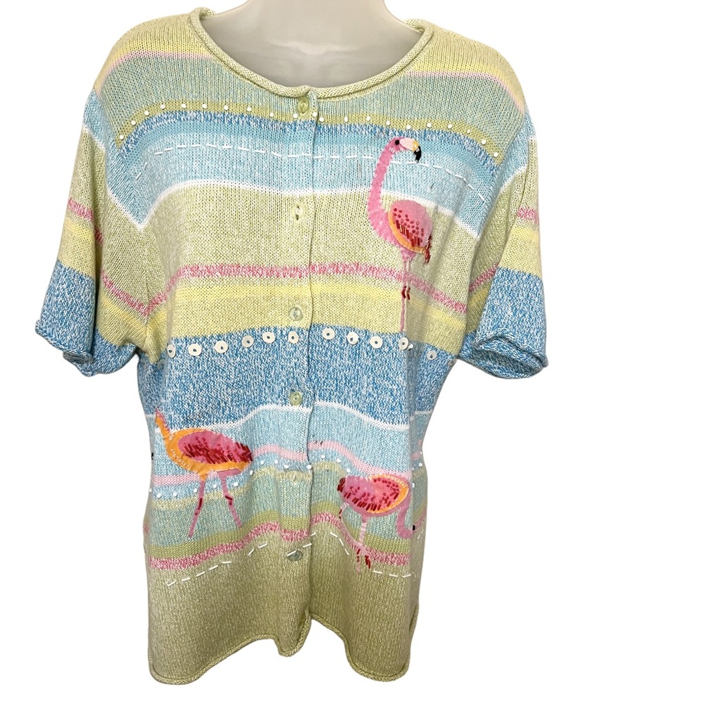 Vintage Susan Bristol 1X Knit Hand Embroidered Cardigan Short Sleeve Flamingo